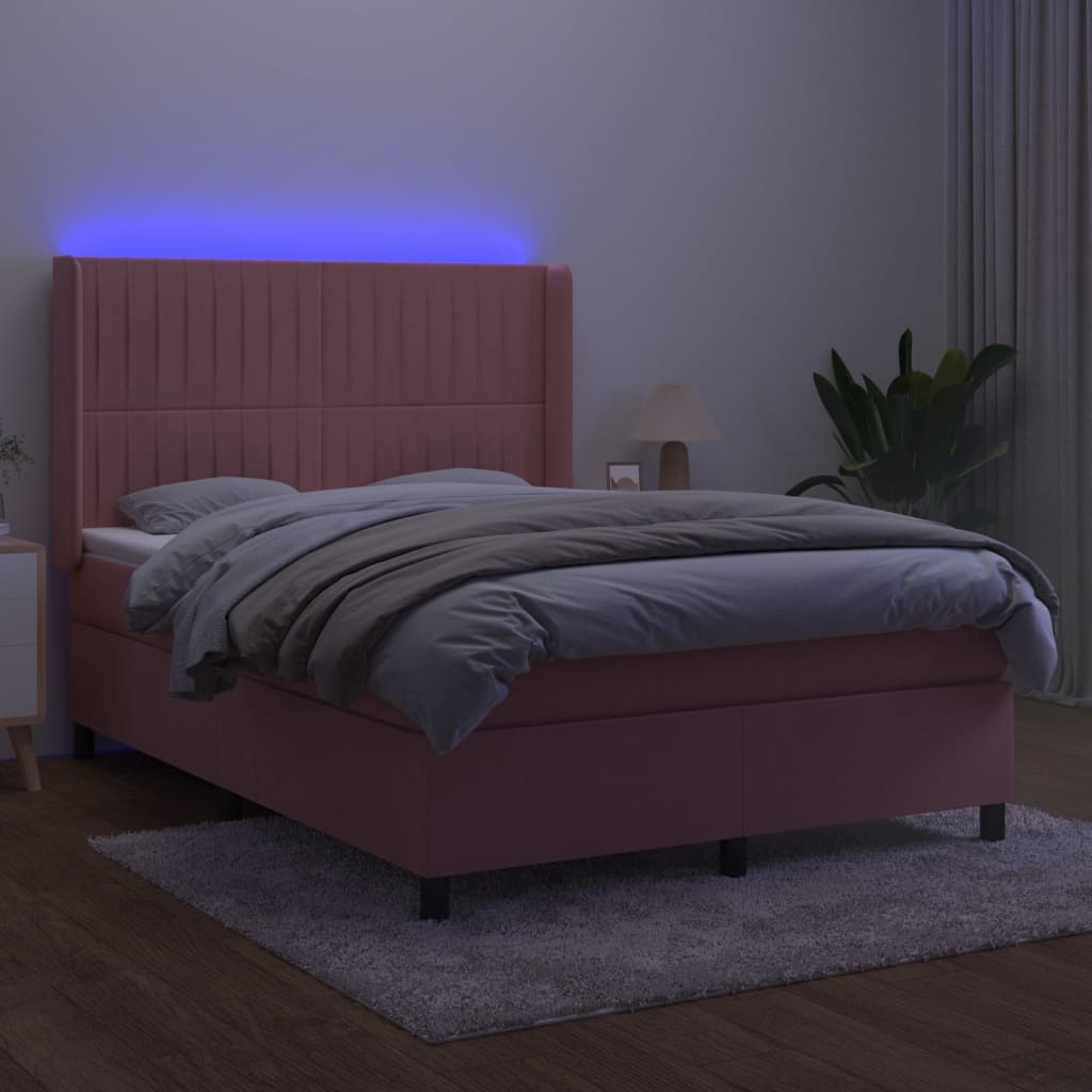 vidaXL Boxspring met matras en LED fluweel roze 140x190 cm afbeelding