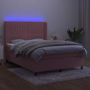Box spring postelja z vzmetnico LED roza 140x190 cm žamet - slika 3