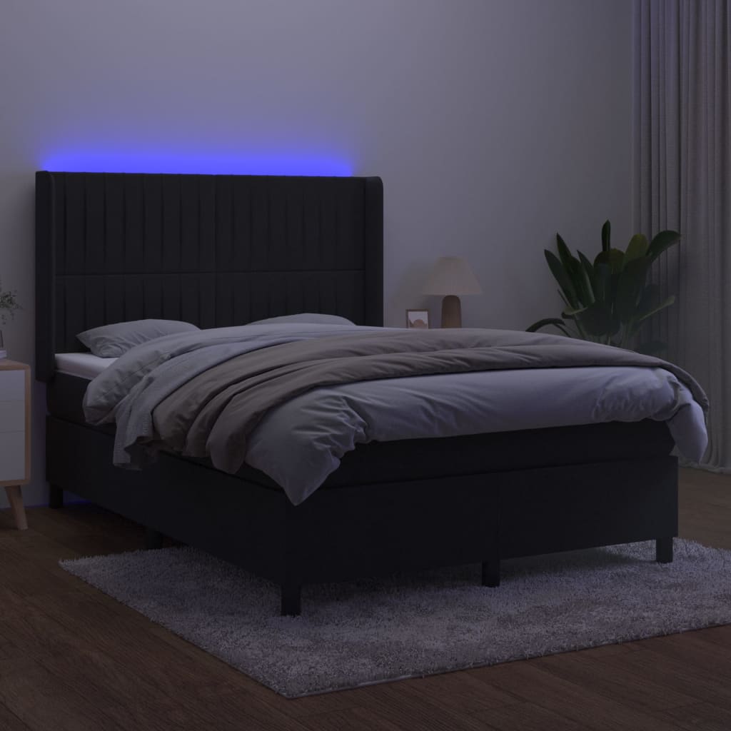 vidaXL Box spring postelja z vzmetnico LED črna 140x200 cm žamet