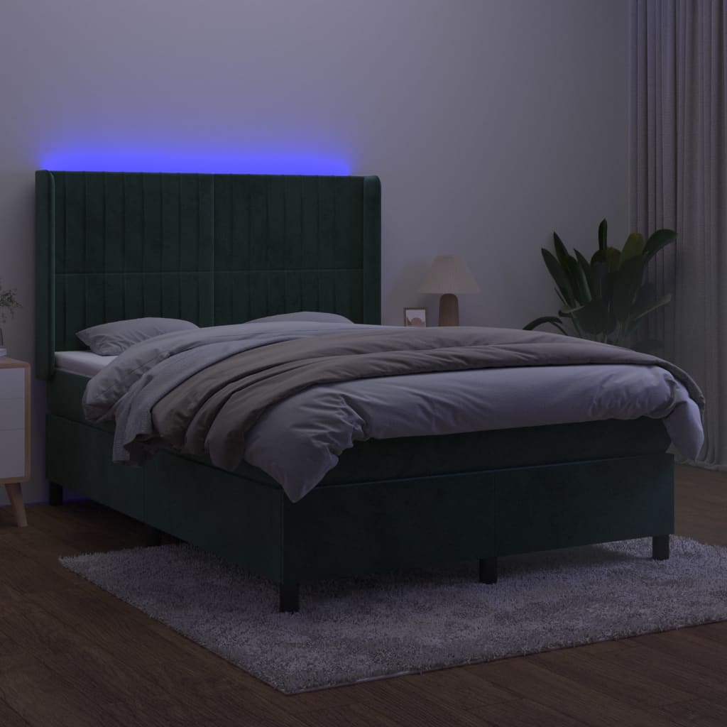 vidaXL Boxspringbett mit Matratze & LED Dunkelgrün 140x200 cm Samt