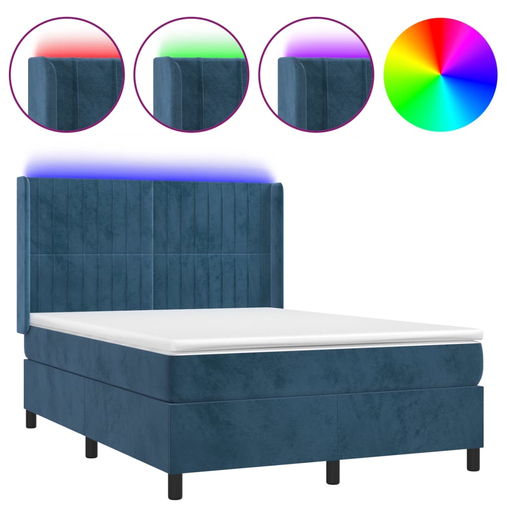 vidaXL Box spring postel s matrací a LED tmavě modrá 140x200 cm samet