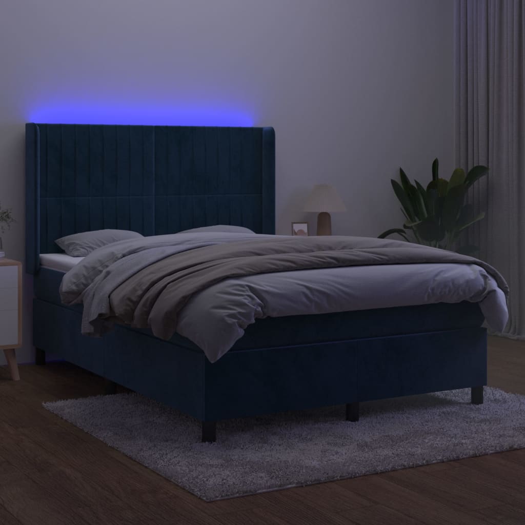 vidaXL Boxspring met matras en LED fluweel donkerblauw 140x200 cm afbeelding