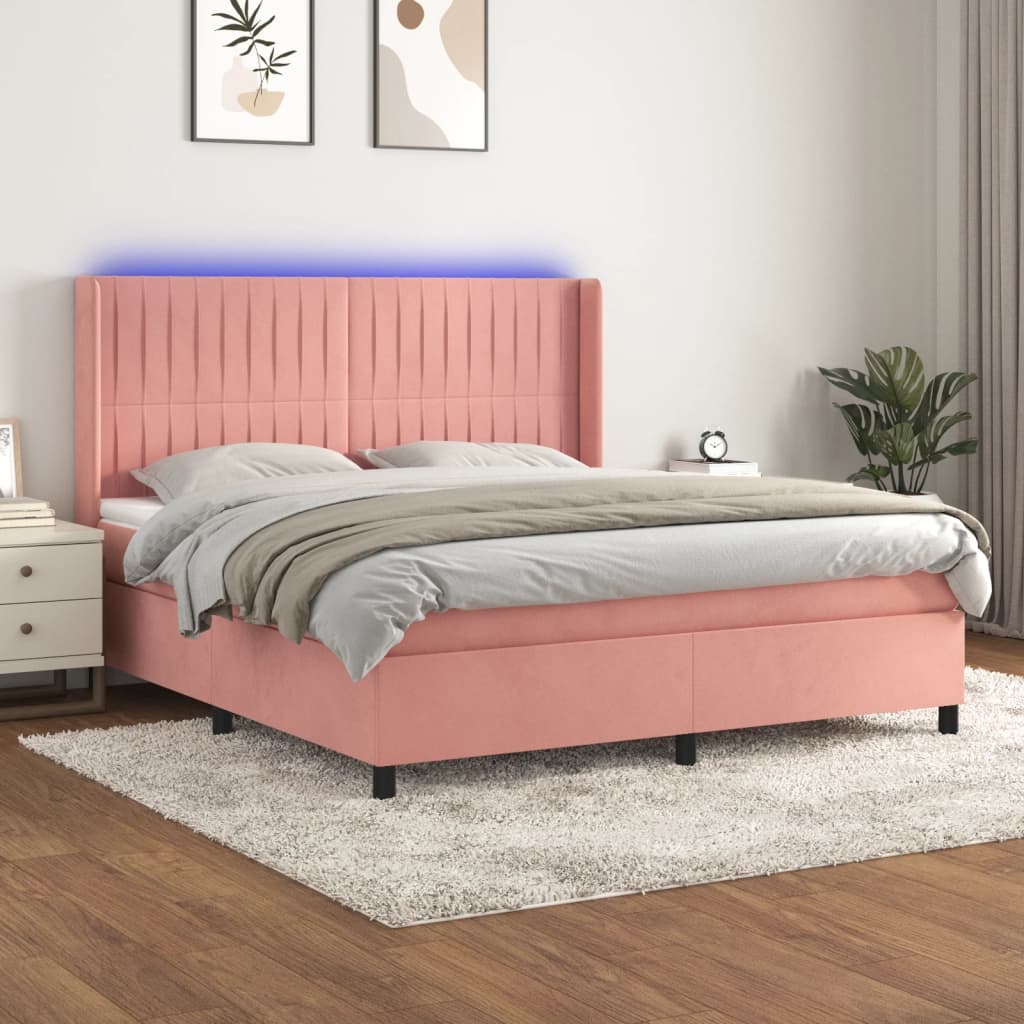 Box spring postel s matrací a LED růžová 160x200 cm samet