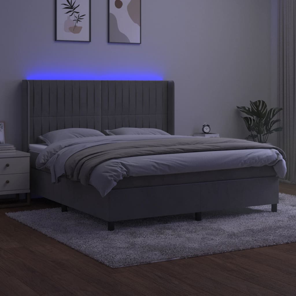 vidaXL Boxspring met matras en LED fluweel lichtgrijs 180x200 cm afbeelding