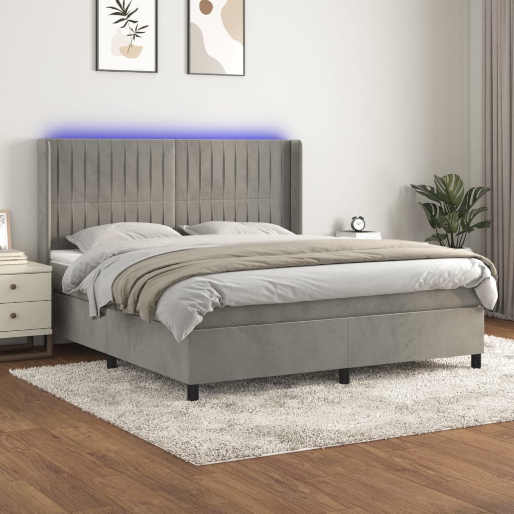 Box spring postel s matrací a LED světle šedá 180x200 cm samet