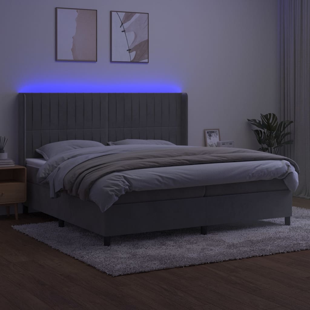 vidaXL Boxspring met matras en LED fluweel lichtgrijs 200x200 cm afbeelding