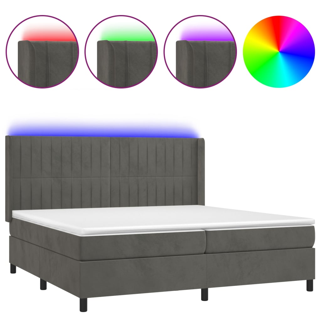 vidaXL Box spring postelja z vzmetnico LED temno siva 200x200 cm žamet