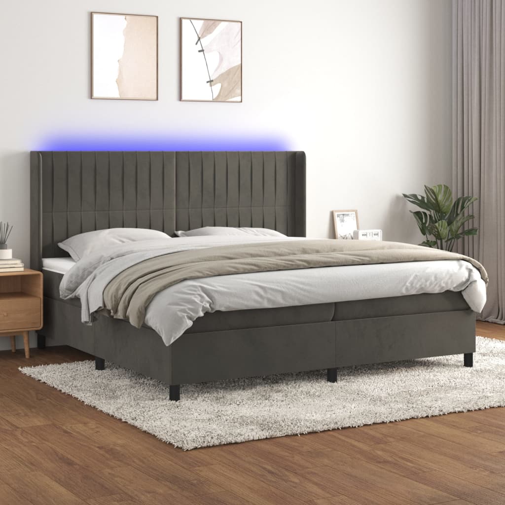 vidaXL Sommier tapissier matelas et LED Gris foncé 200x200 cm Velours