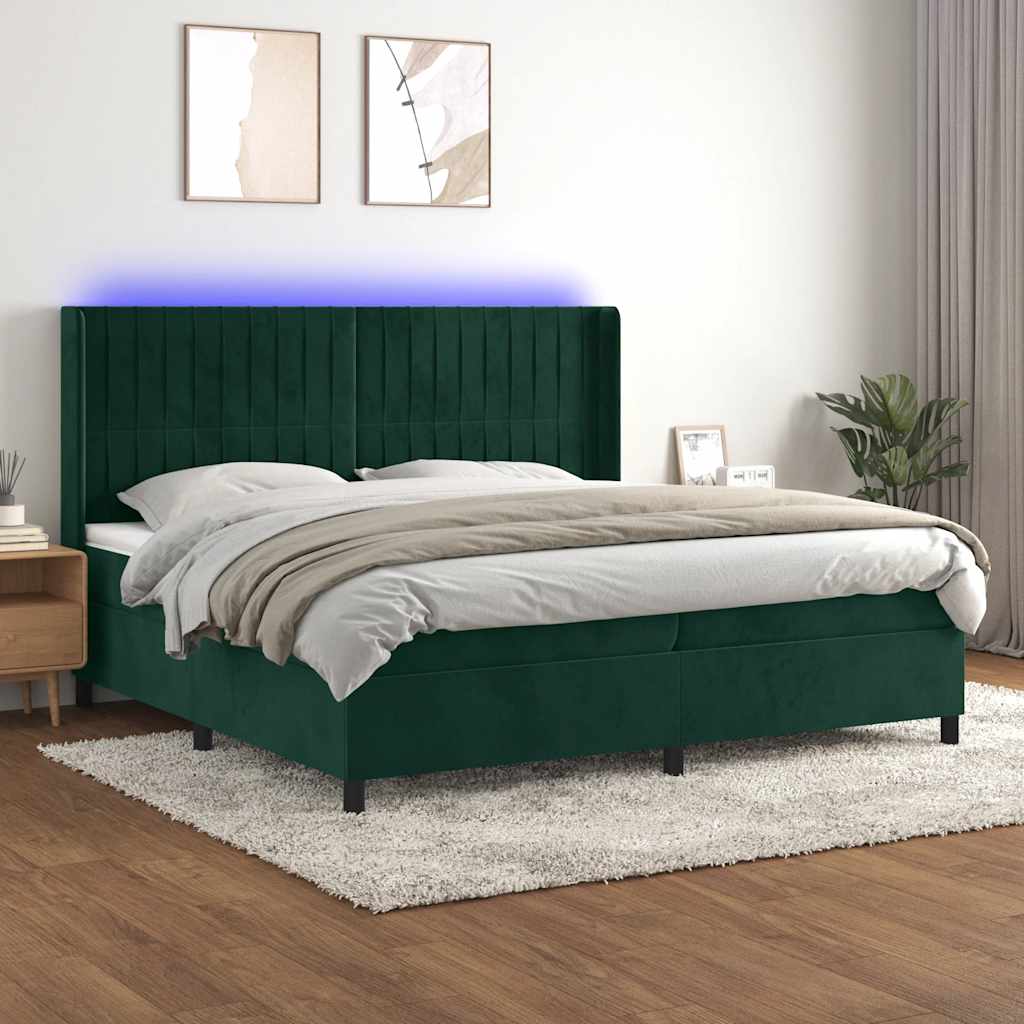 vidaXL Pat cu arcuri, saltea și LED, verde închis, 200x200 cm, catifea