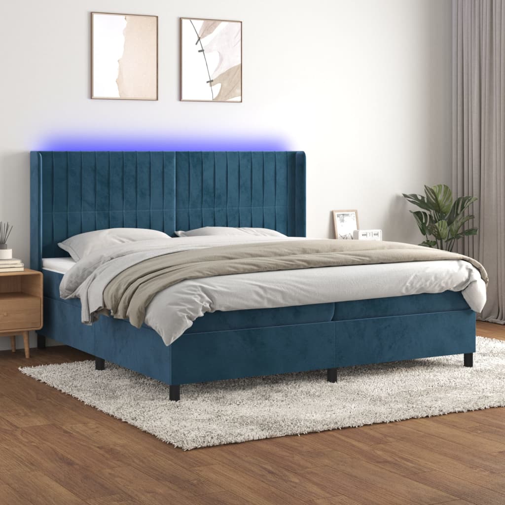 Sommier tapissier matelas et LED Bleu foncé 200x200 cm Velours