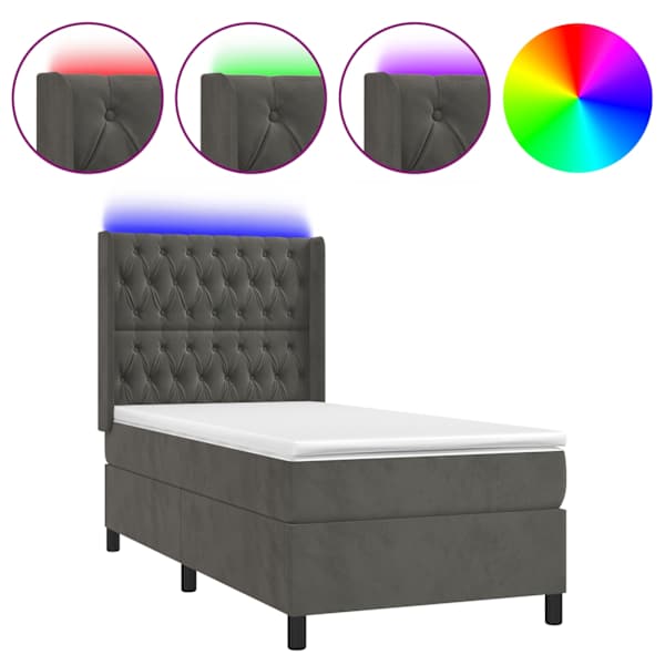vidaXL kontinentaalvoodi madrats ja LED, tumehall, 80x200 cm, samet
