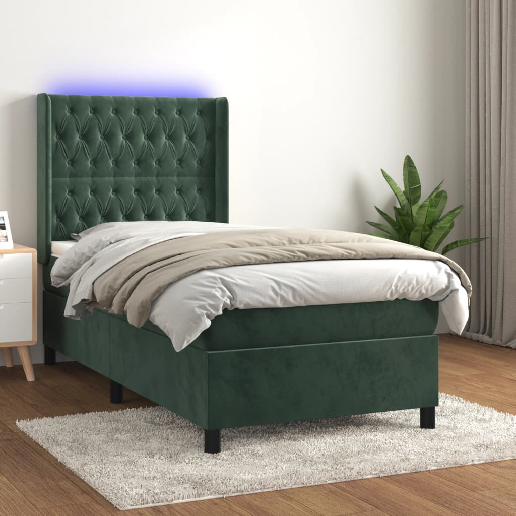 Box spring postel s matrací a LED tmavě zelená 90x200 cm samet
