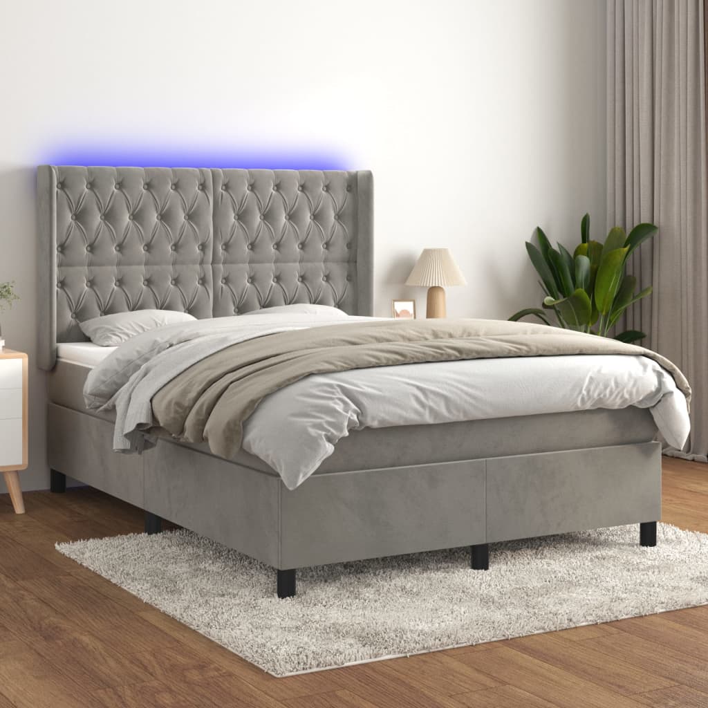 vidaXL Boxspringbett mit Matratze & LED Hellgrau 140x190 cm Samt