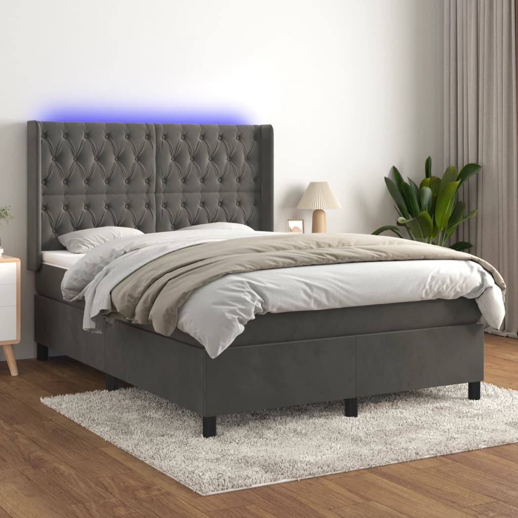 vidaXL Boxspringbett mit Matratze & LED Dunkelgrau 140x190 cm Samt