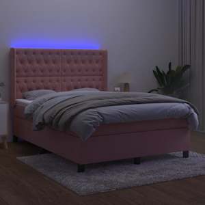 Box spring postel s matrací a LED růžová 140x190 cm samet - obrázek 3