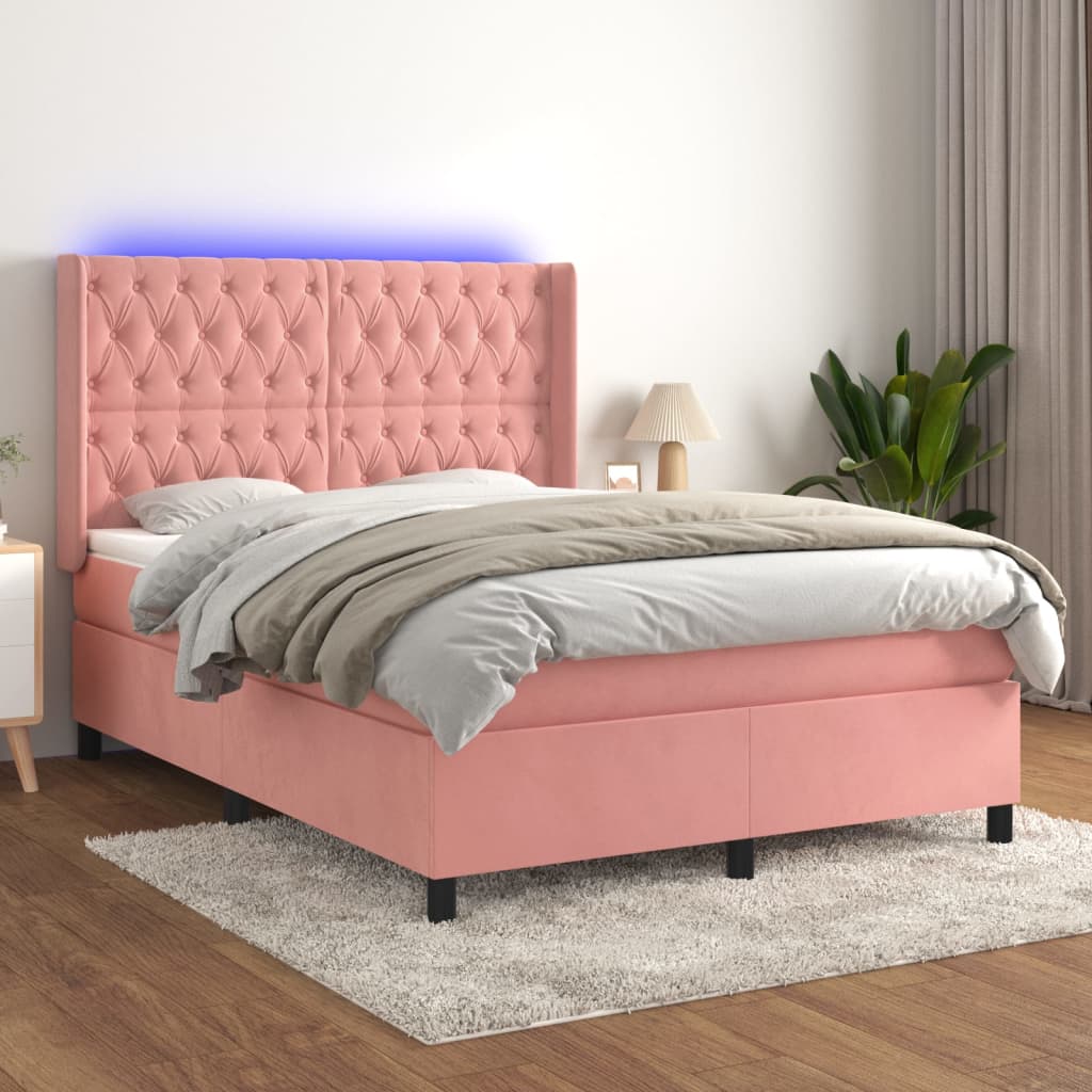 Box spring postel s matrací a LED růžová 140x190 cm samet