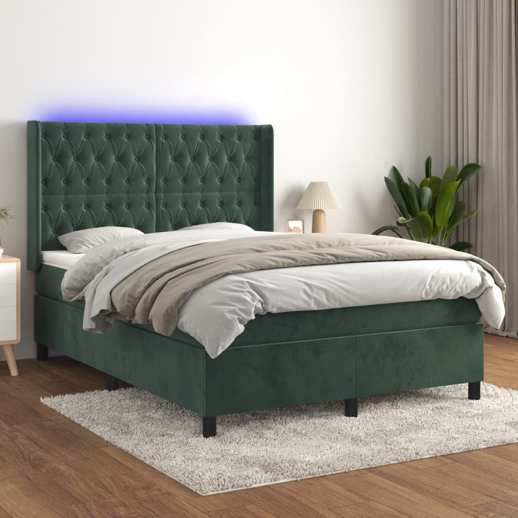 vidaXL Boxspringbett mit Matratze & LED Dunkelgrün 140x200 cm Samt