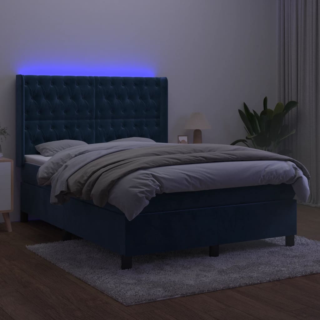 vidaXL Boxspring met matras en LED fluweel donkerblauw 140x200 cm afbeelding