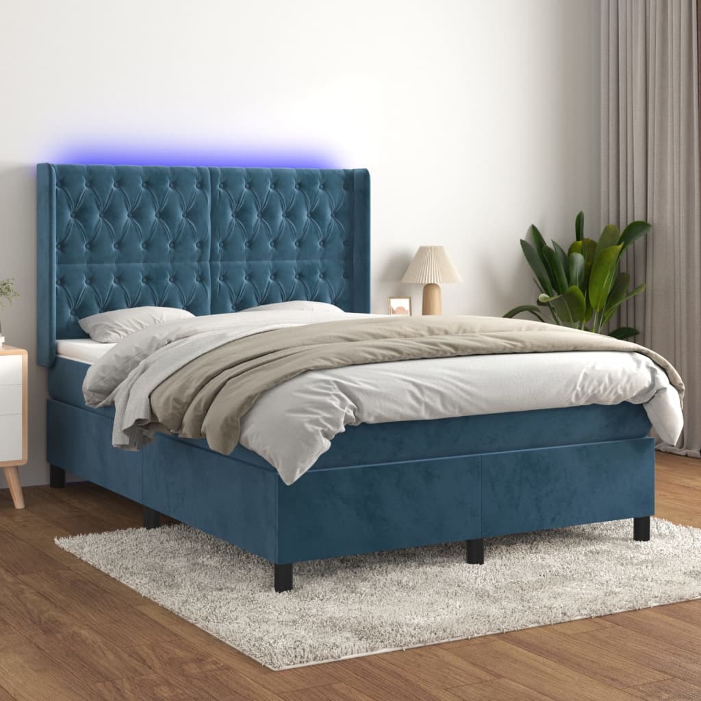Sommier tapissier matelas et LED Bleu foncé 140x200 cm Velours