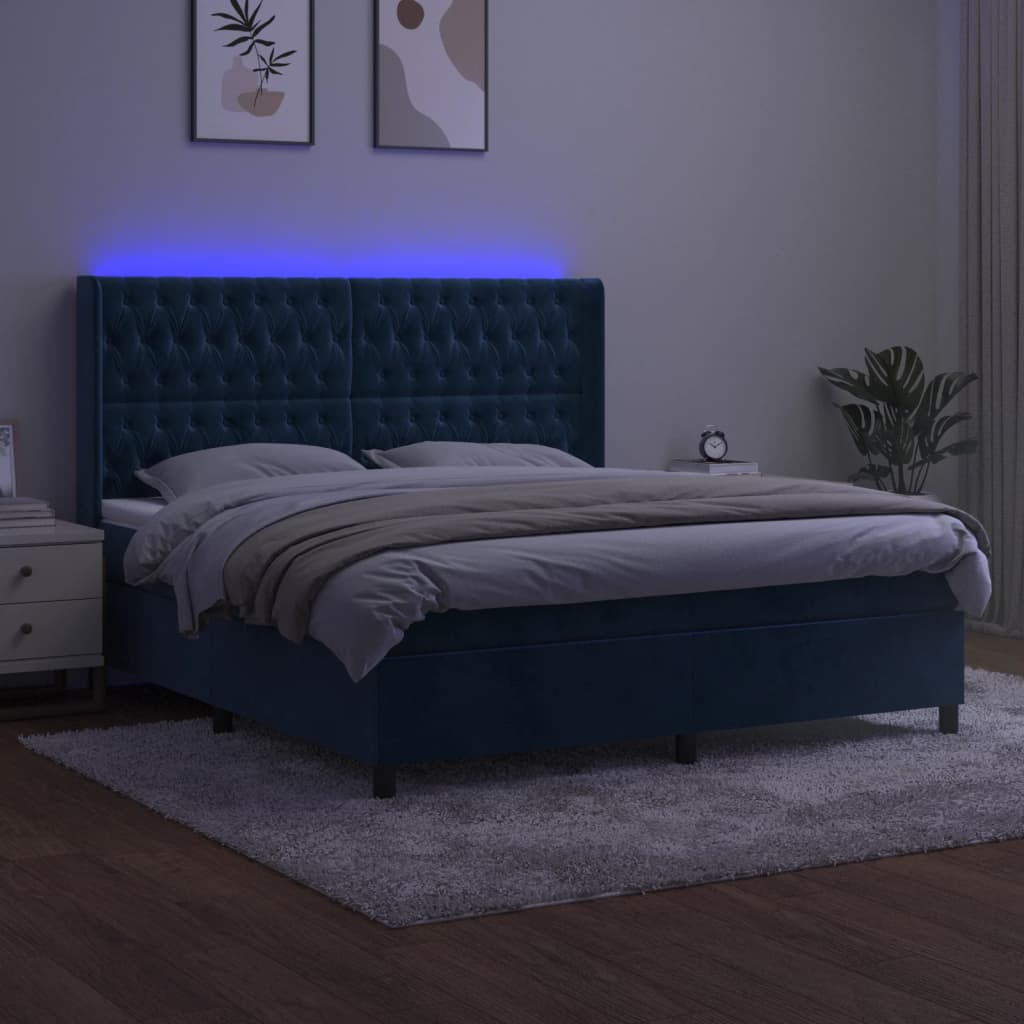 vidaXL Boxspring met matras en LED fluweel donkerblauw 160x200 cm afbeelding