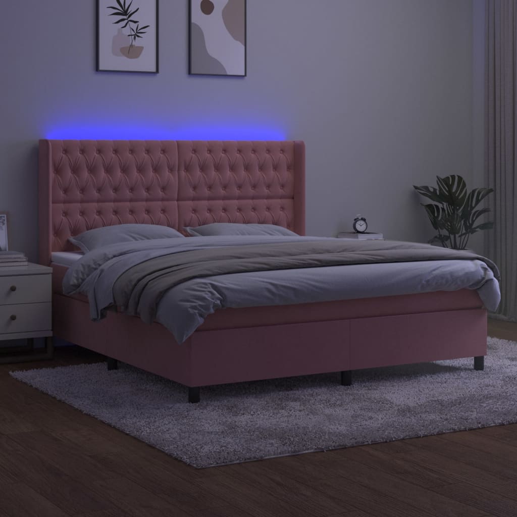 vidaXL Boxspring met matras en LED fluweel roze 160x200 cm afbeelding