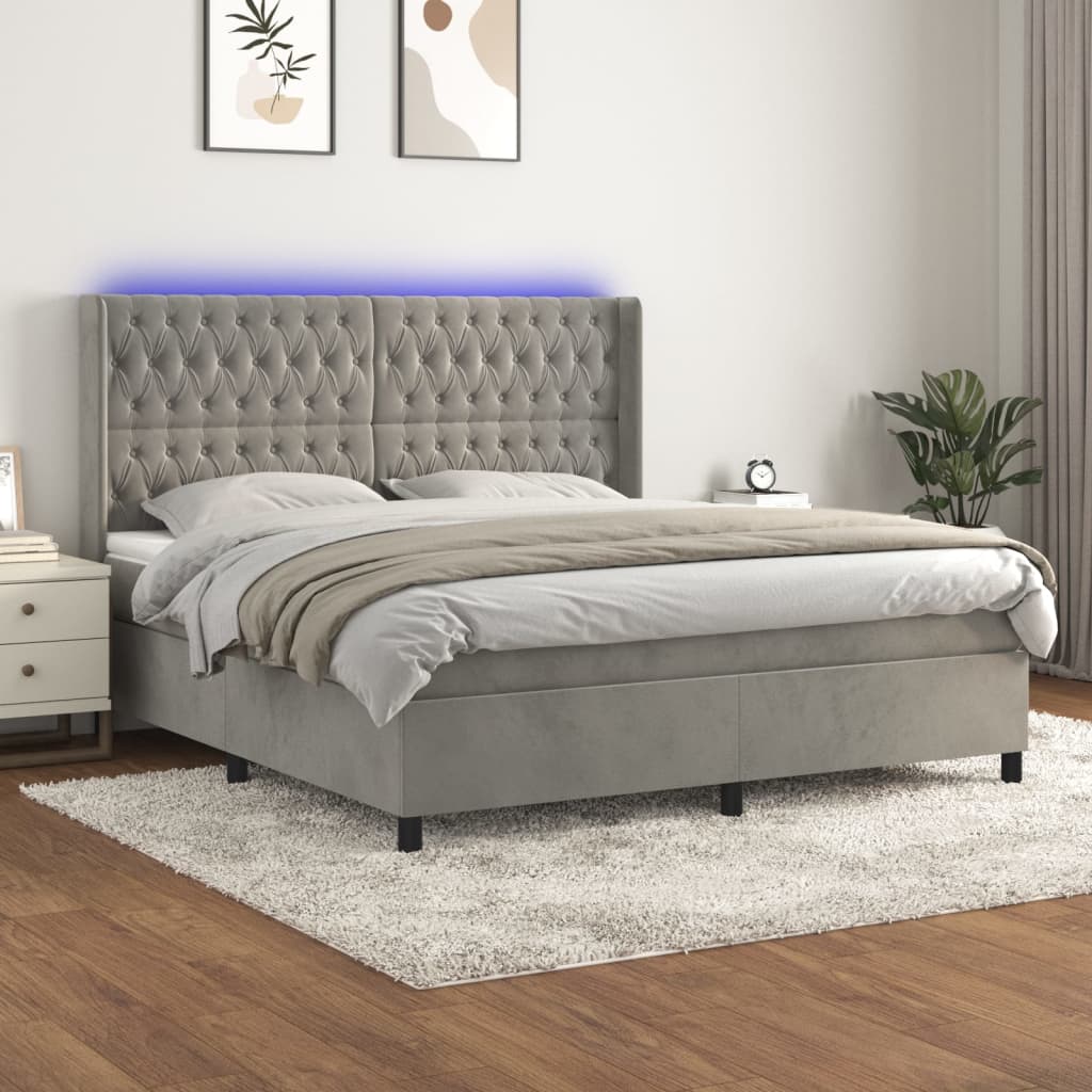 Sommier tapissier matelas et LED Gris clair 180x200 cm Velours