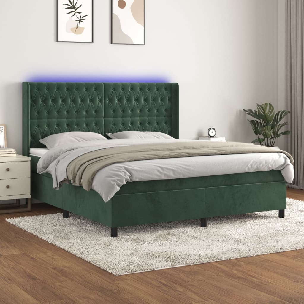 Box spring postel s matrací a LED tmavě zelená 180x200 cm samet