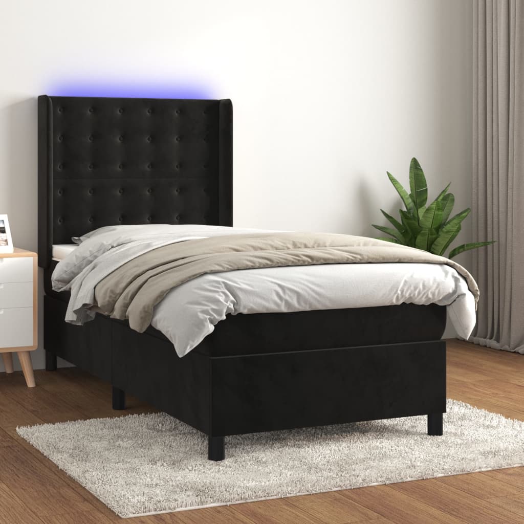 fekete bársony rugós és LED-es ágy matraccal 90x190 cm