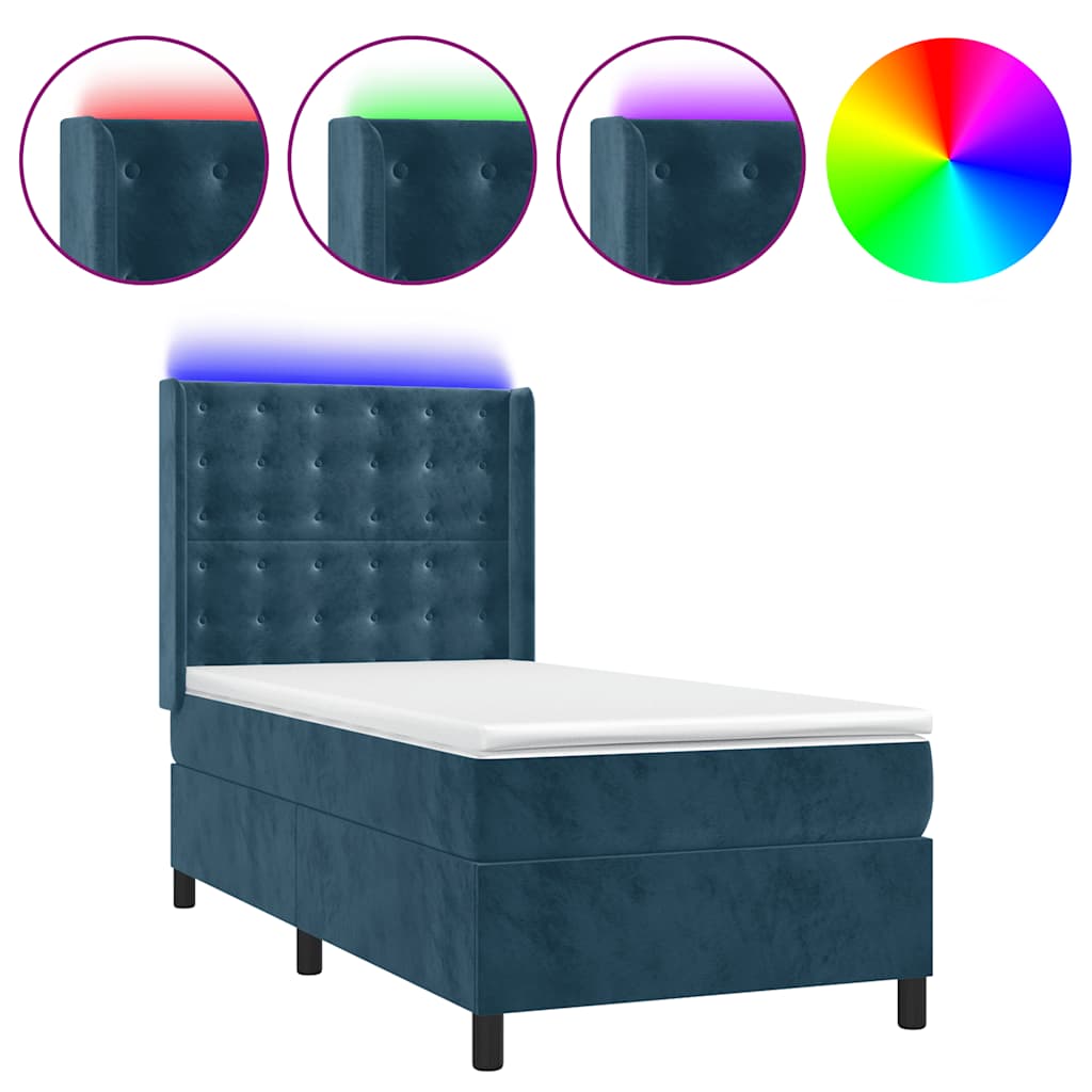 vidaXL Box spring postel s matrací a LED tmavě modrá 90x190 cm samet