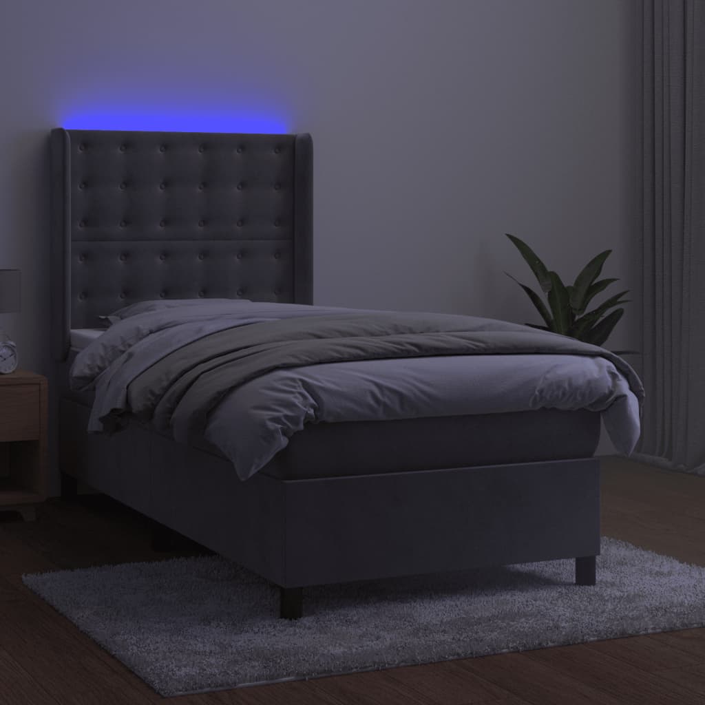 vidaXL Boxspring met matras en LED fluweel lichtgrijs 90x200 cm afbeelding