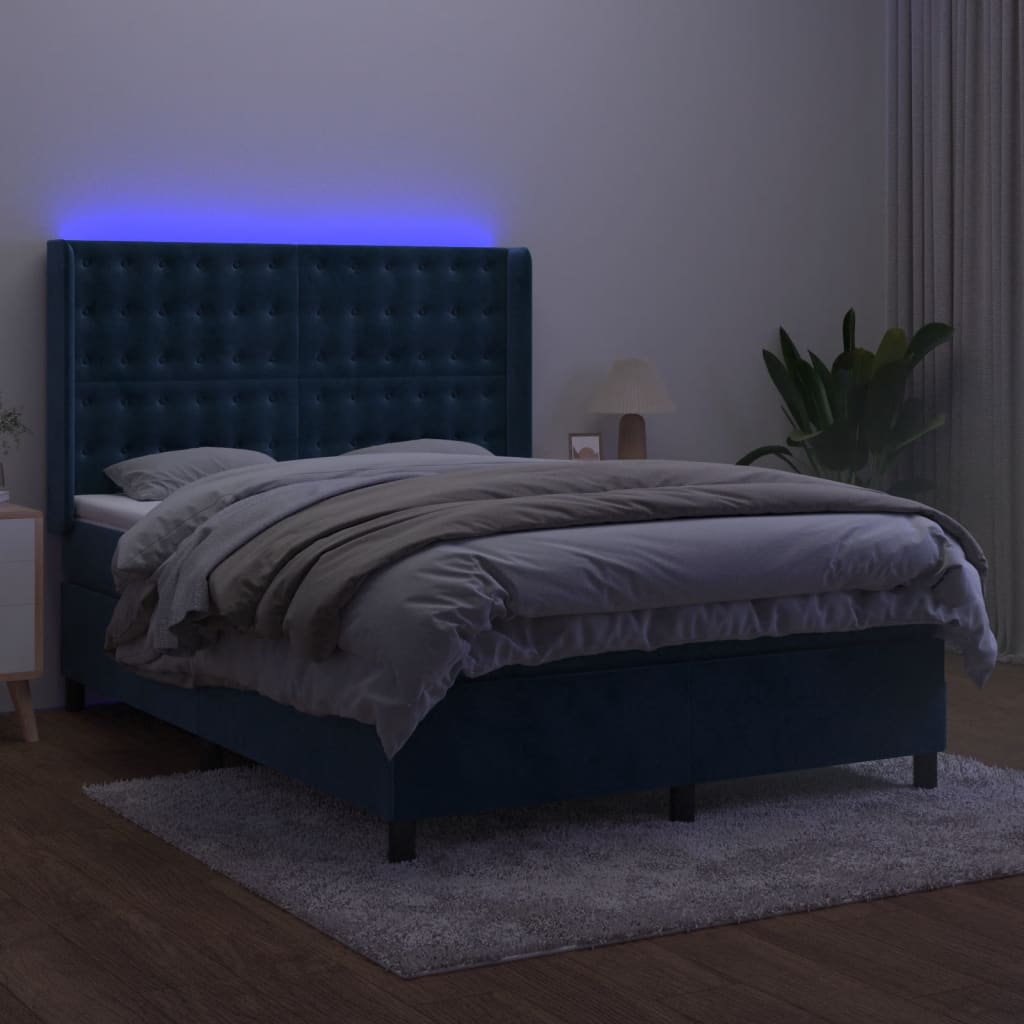 vidaXL Boxspring met matras en LED fluweel donkerblauw 140x190 cm afbeelding