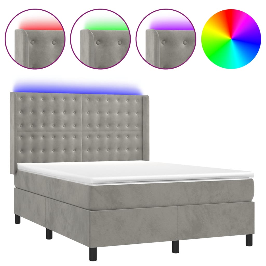 Thumbnail - vidaXL Boxspringbett mit Matratze & LED Hellgrau 140x200 cm Samt