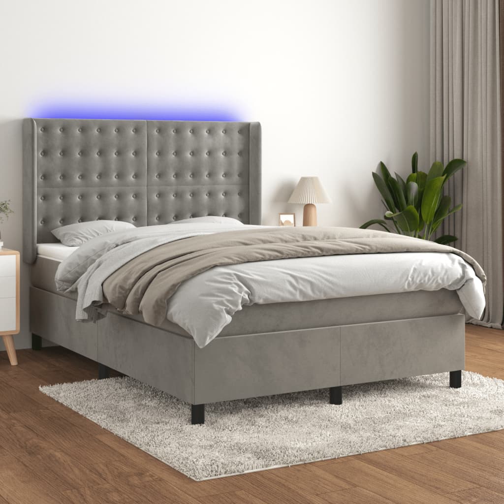 Box spring postel s matrací a LED světle šedá 140x200 cm samet
