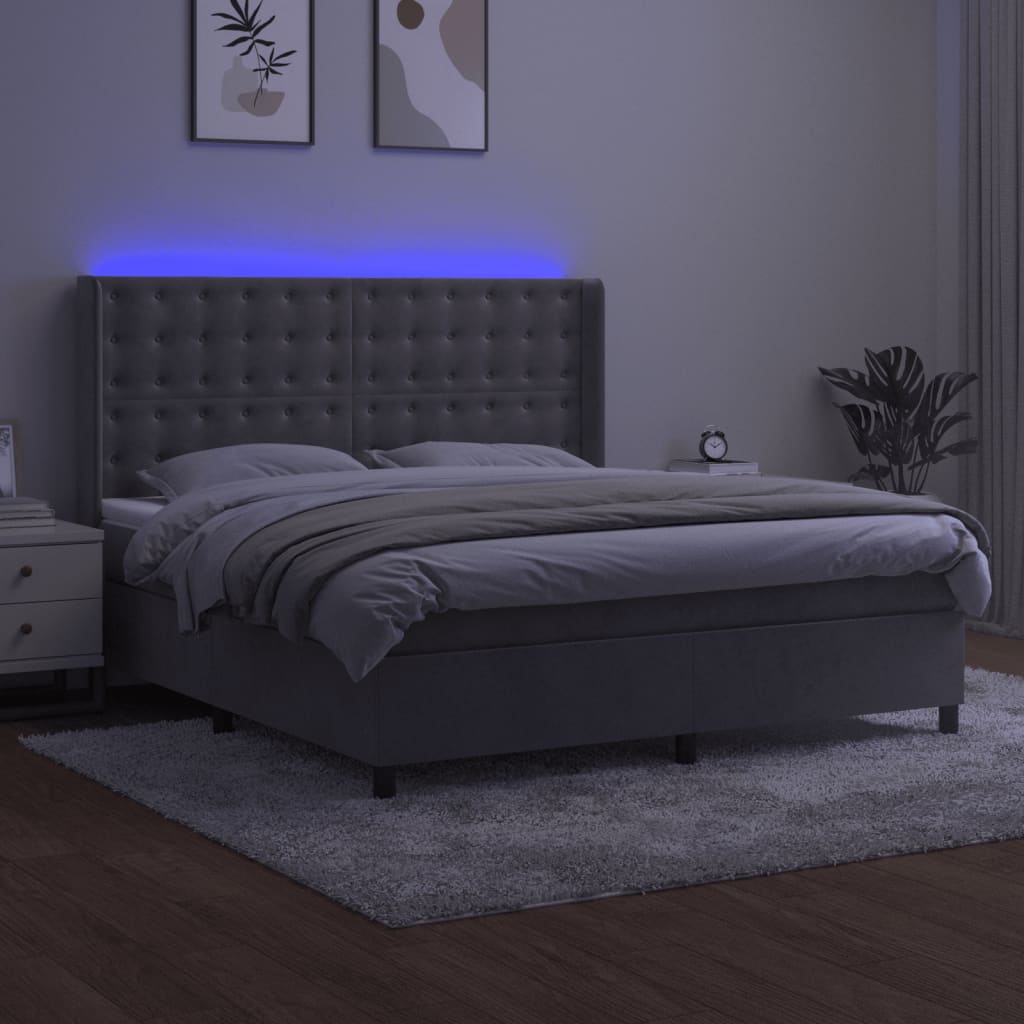 vidaXL Boxspring met matras en LED fluweel lichtgrijs 160x200 cm afbeelding