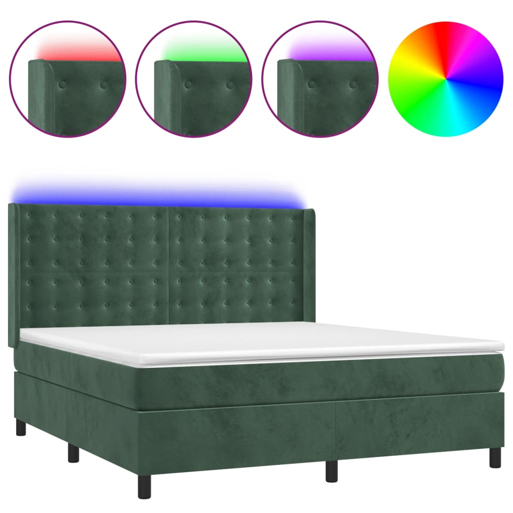 vidaXL Box spring postel s matrací a LED tmavě zelená 160x200 cm samet
