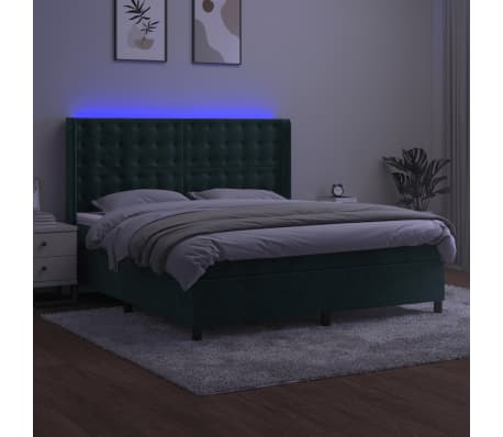vidaXL Κρεβάτι Boxspring με Στρώμα & LED Σκ. Πράσινο 160x200εκ Βελούδο