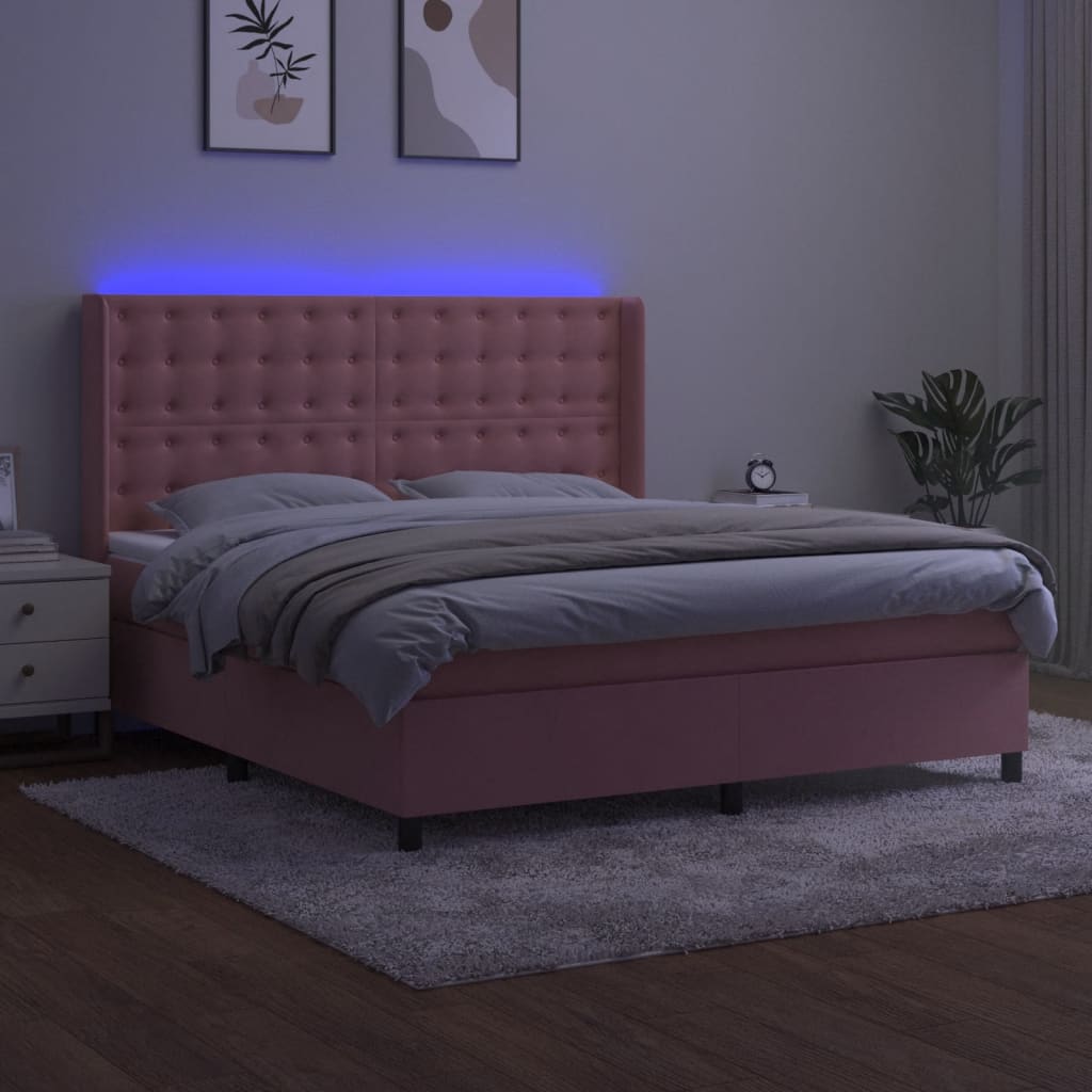 vidaXL Boxspring met matras en LED fluweel roze 160x200 cm afbeelding
