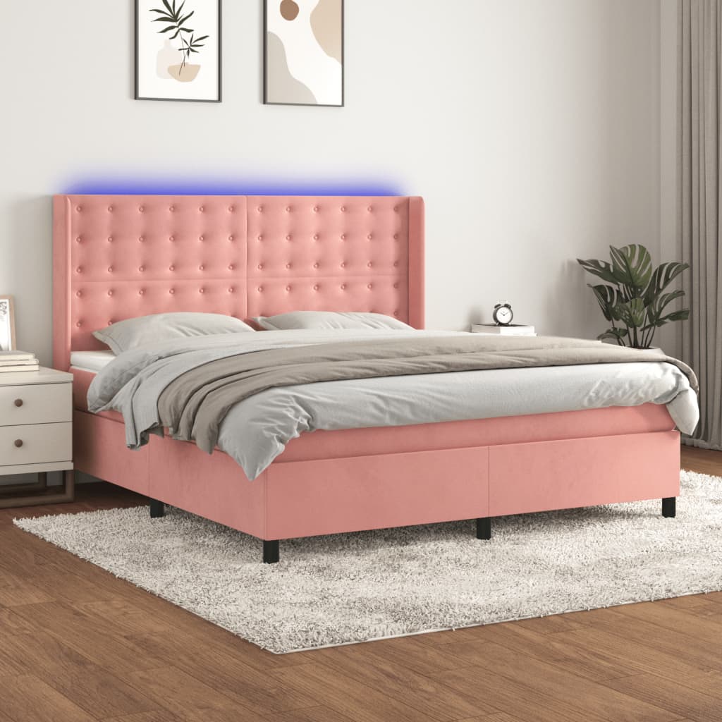 Box spring postel s matrací a LED růžová 180x200 cm samet