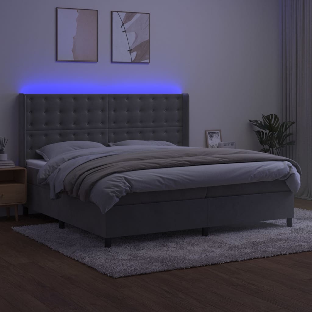 vidaXL Boxspring met matras en LED fluweel lichtgrijs 200x200 cm afbeelding