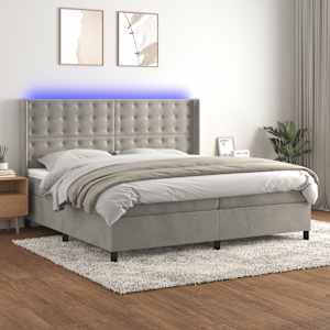 Box spring postel s matrací a LED světle šedá 200x200 cm samet - obrázek 1