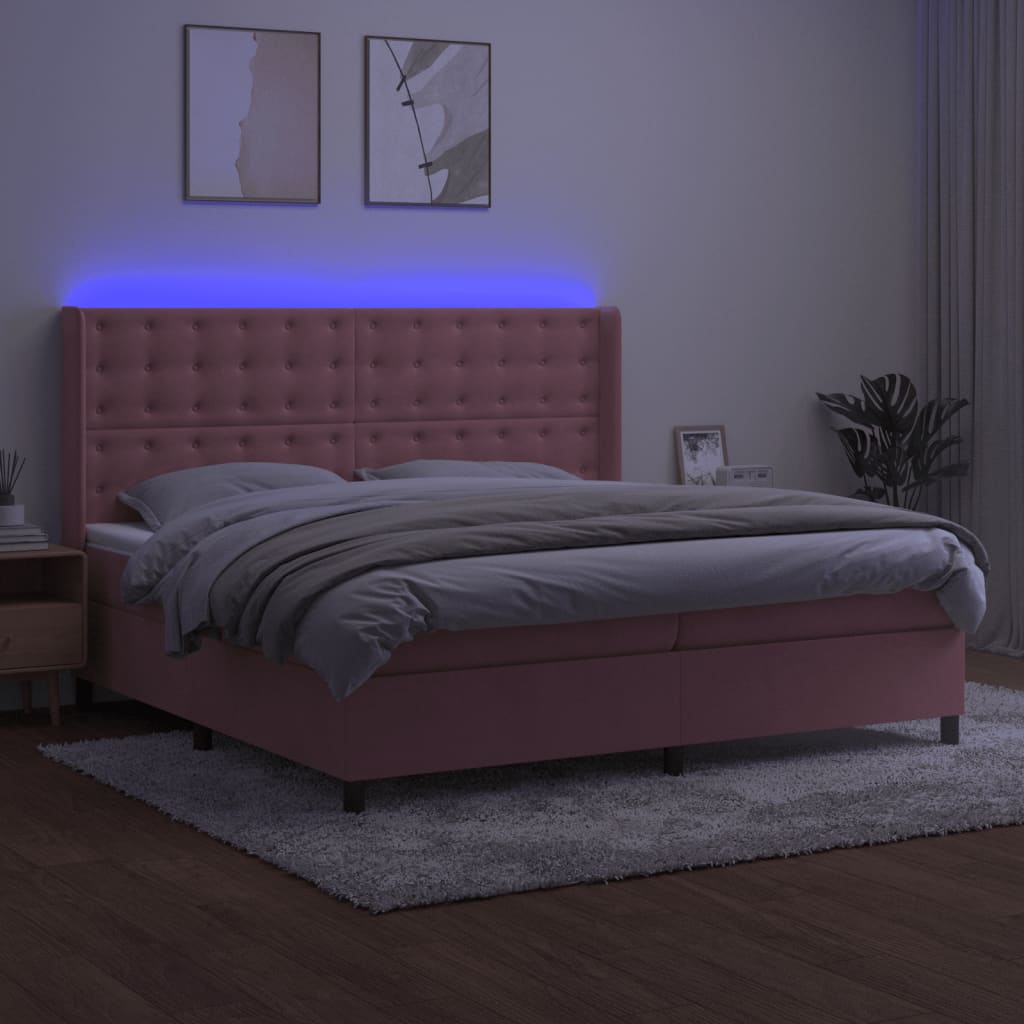 vidaXL Boxspring met matras en LED fluweel roze 200x200 cm afbeelding
