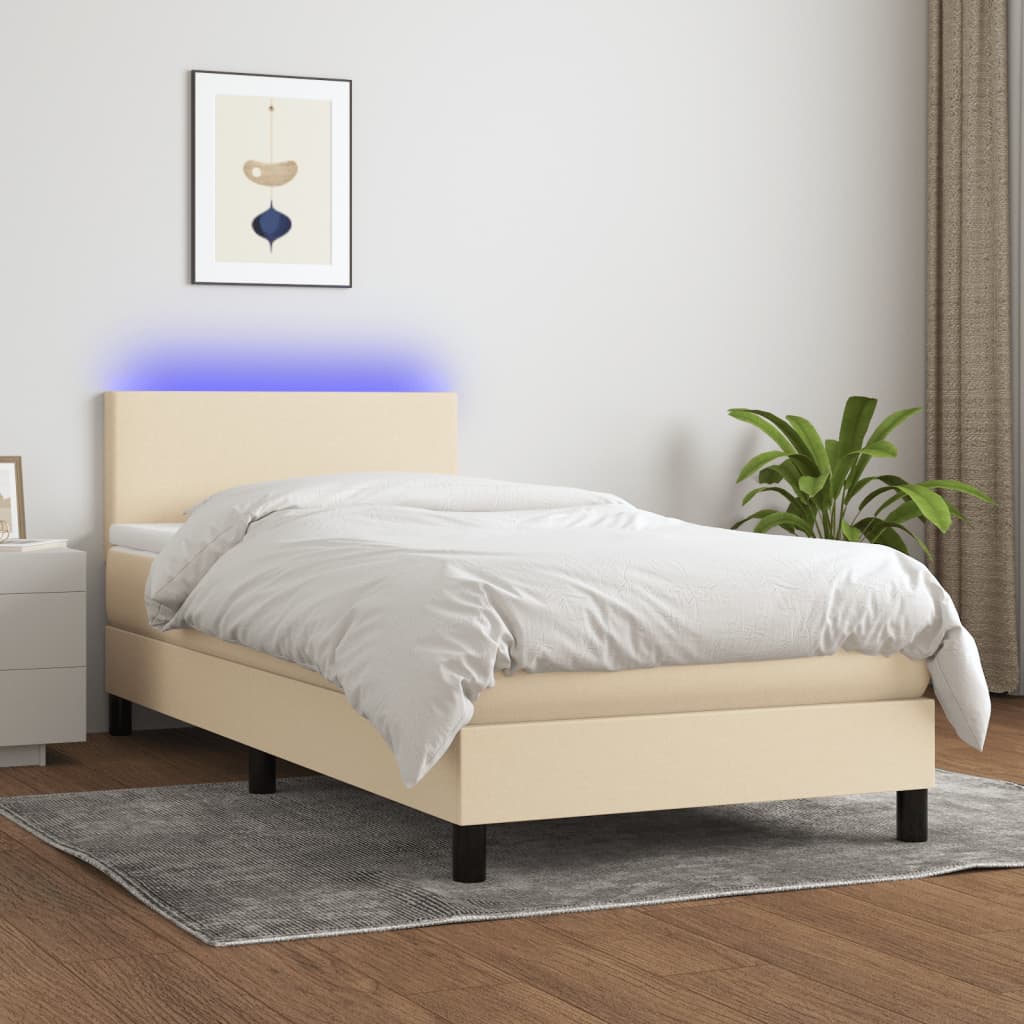 Box spring postel s matrací a LED krémová 90x190 cm textil