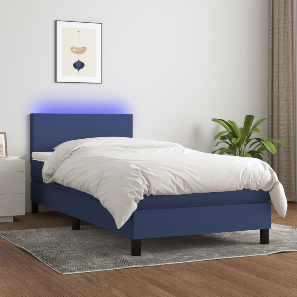 Sommier tapissier avec matelas et LED Bleu 90x200 cm Tissu