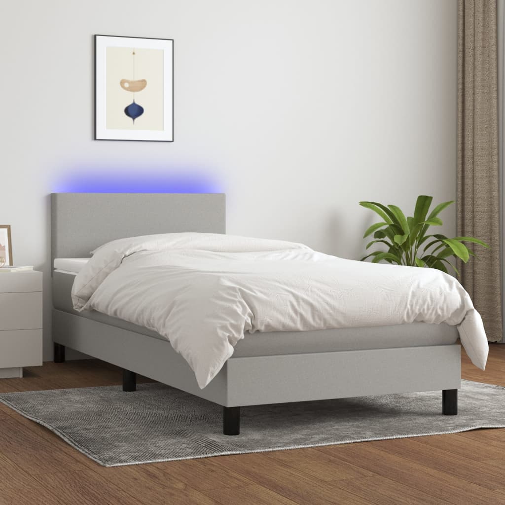 Box spring postel s matrací a LED světle šedá 100x200 cm textil