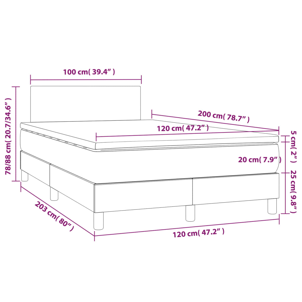 Krevet box spring s madracem LED smeđesivi 120 x 200 cm tkanina