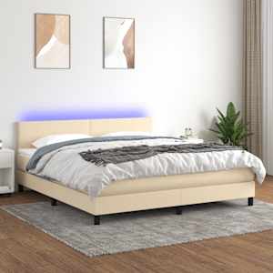 Box spring postelja z vzmetnico LED krem 160x200 cm blago