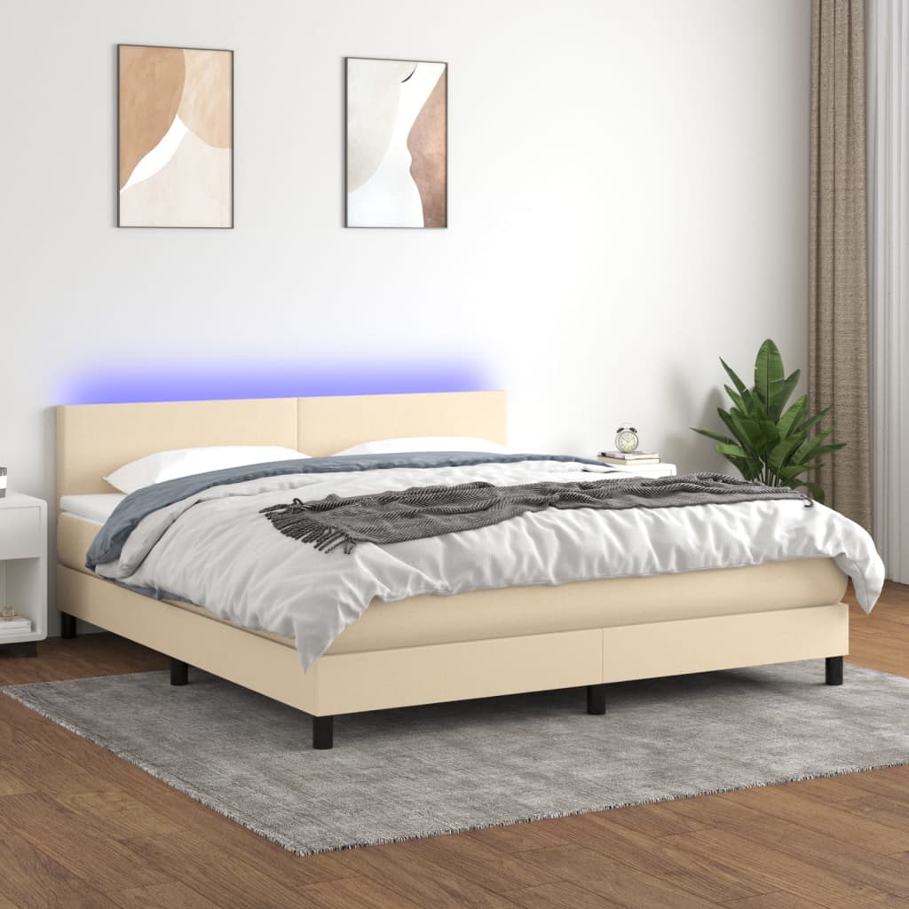 vidaXL Pat cu arcuri, saltea și LED, crem, 180×200 cm, textil 180x200 imagine noua