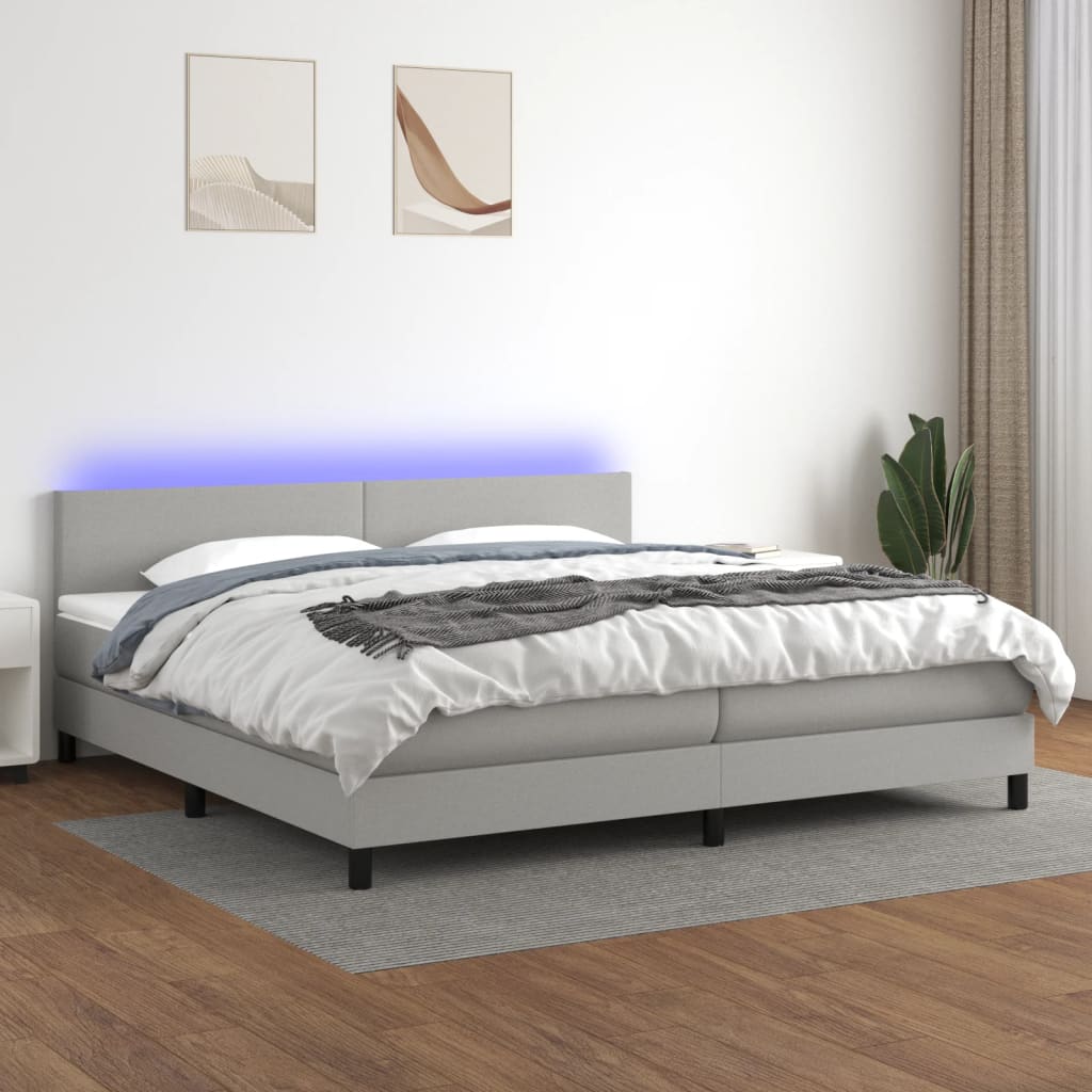 Box spring postelja z vzmetnico LED sv. siva 200x200 cm blago