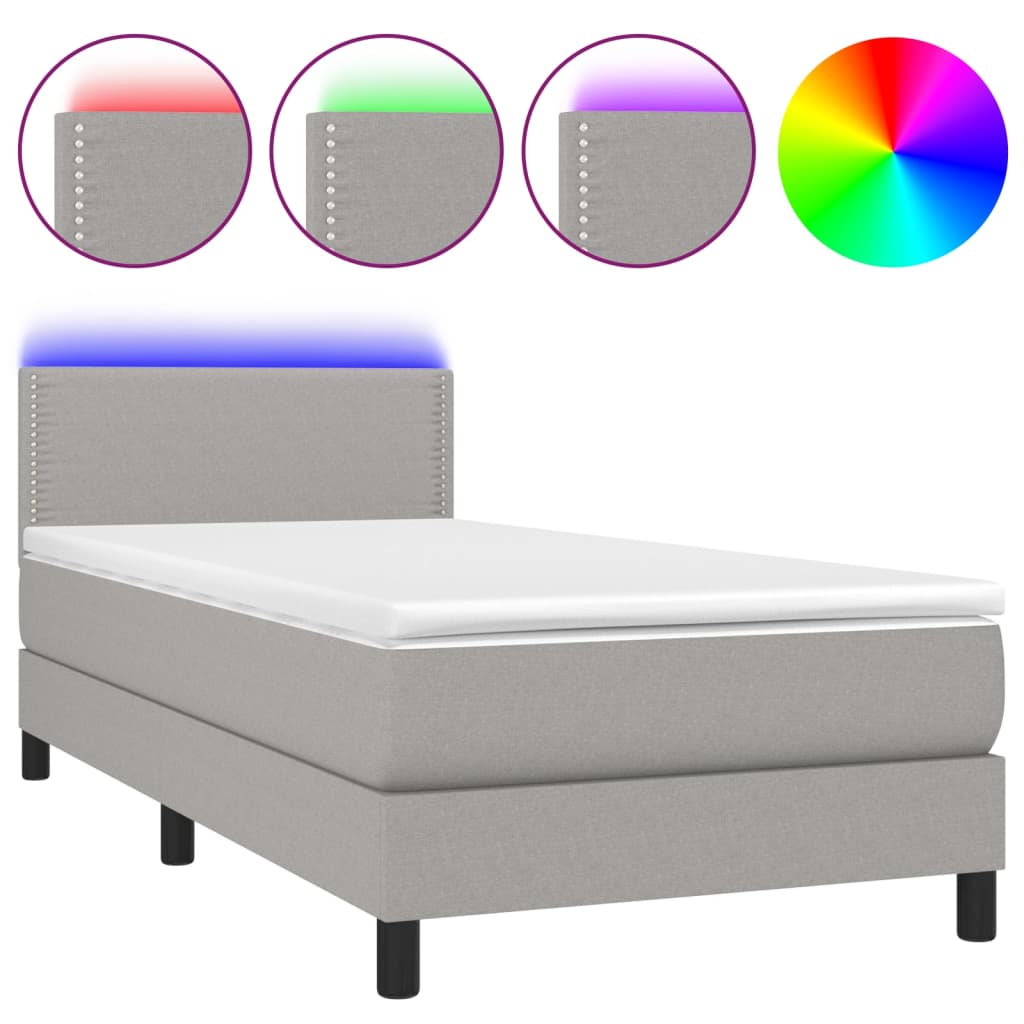 vidaXL Box spring postelja z vzmetnico LED svetlo siva 90x190 cm blago