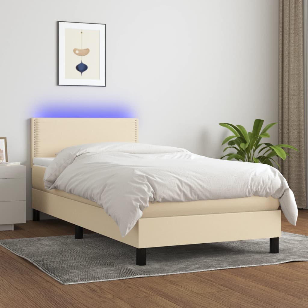 krémszínű szövet rugós és LED-es ágy matraccal 90x190 cm